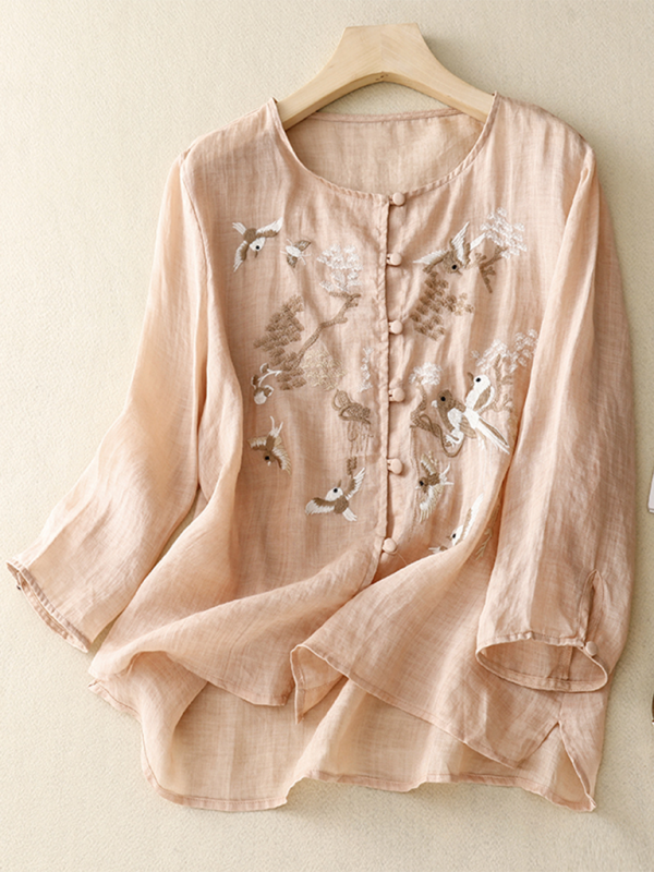 Damer Retro Topp Rund Hals Broderi Bomull Lin 6