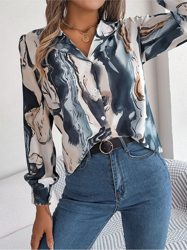 Dame Skjorte Marmordesign Lett Materiale