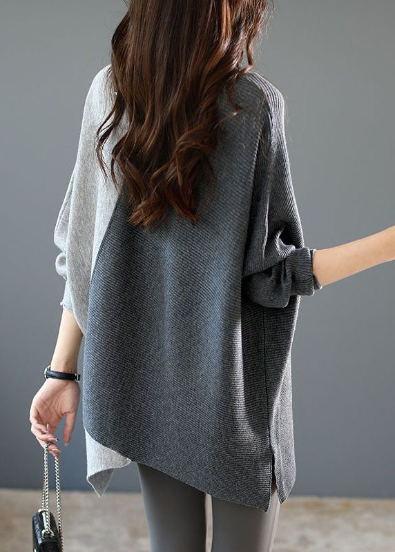 Grå Asymmetrisk Patchwork Strikket Skjorte for Damer 2