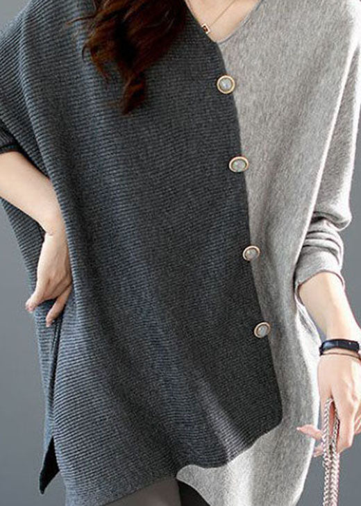 Grå Asymmetrisk Patchwork Strikket Skjorte for Damer 3