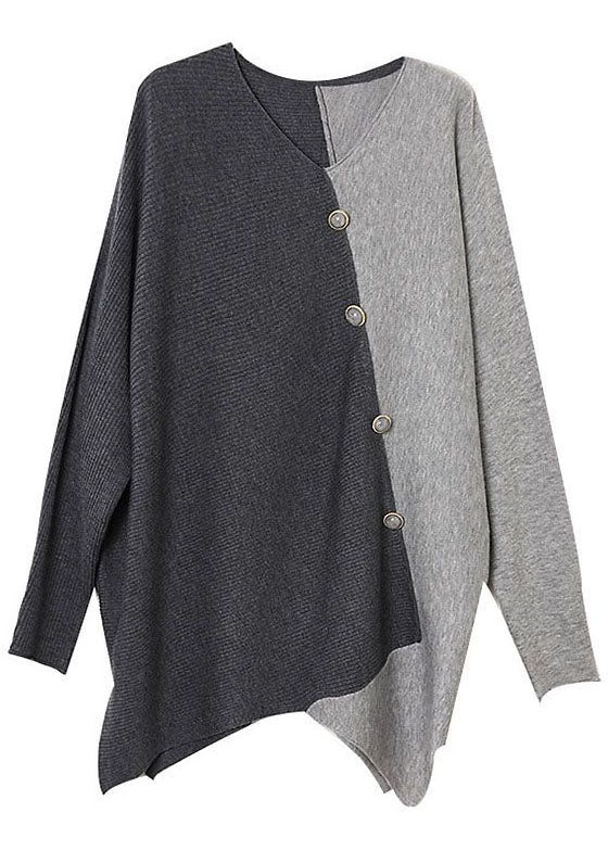 Grå Asymmetrisk Patchwork Strikket Skjorte for Damer 4