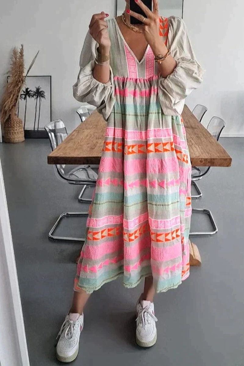 Dame Lang Sommerkjole Fargerik Elegant Lett Stoff-1