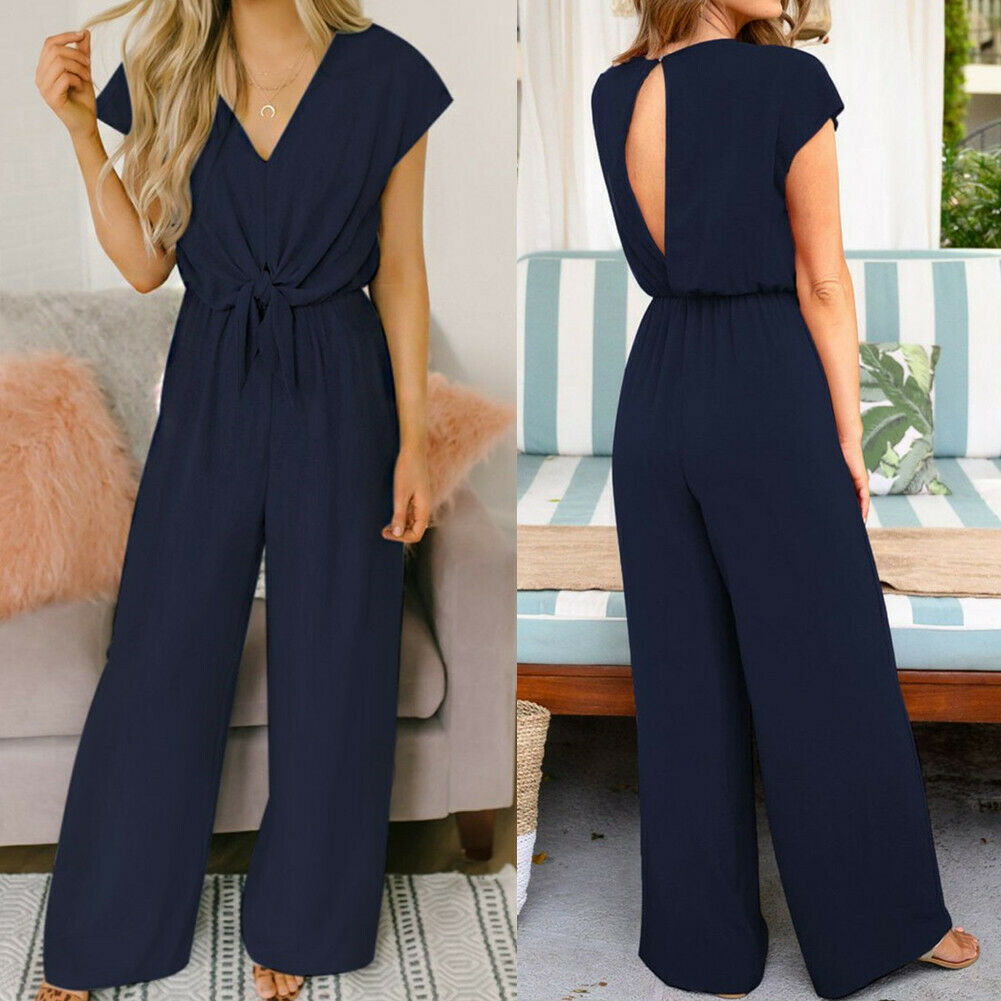 Dame Jumpsuit Luftig V-hals Bredbenet Mykt Pustende Stoff-5