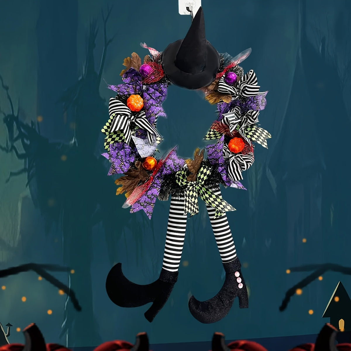 Halloween Dørkrans med Heksebein og Gresskar 5