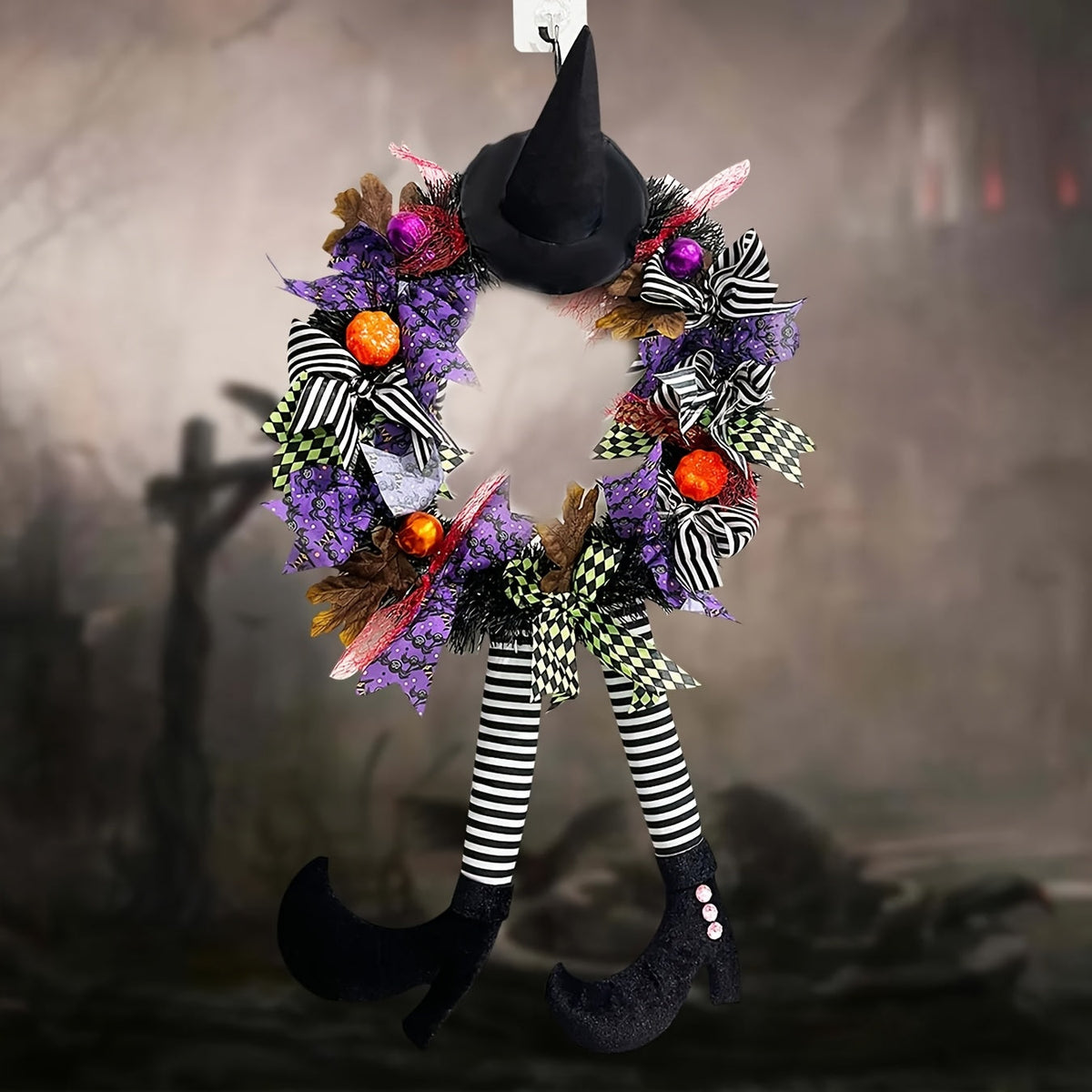 Halloween Dørkrans med Heksebein og Gresskar 6