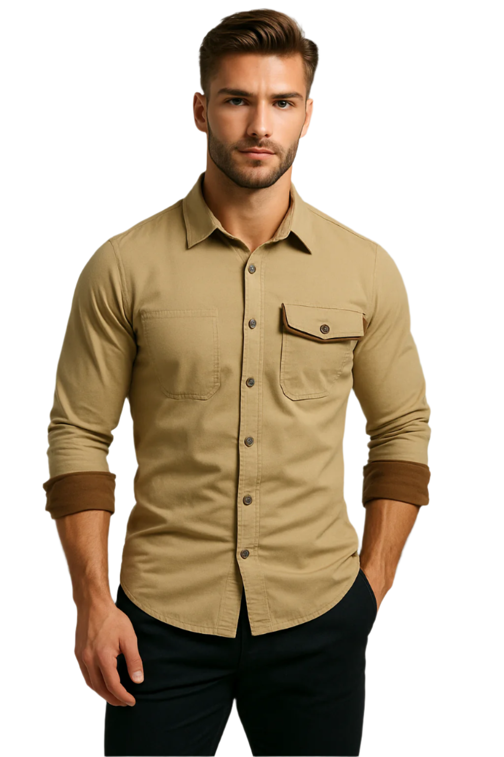 Herre Button-Up Skjorte med Lange Ermer og Kontrasterende Mansjetter 0