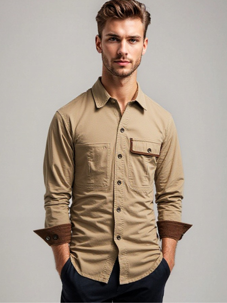 Herre Button-Up Skjorte med Lange Ermer og Kontrasterende Mansjetter 1