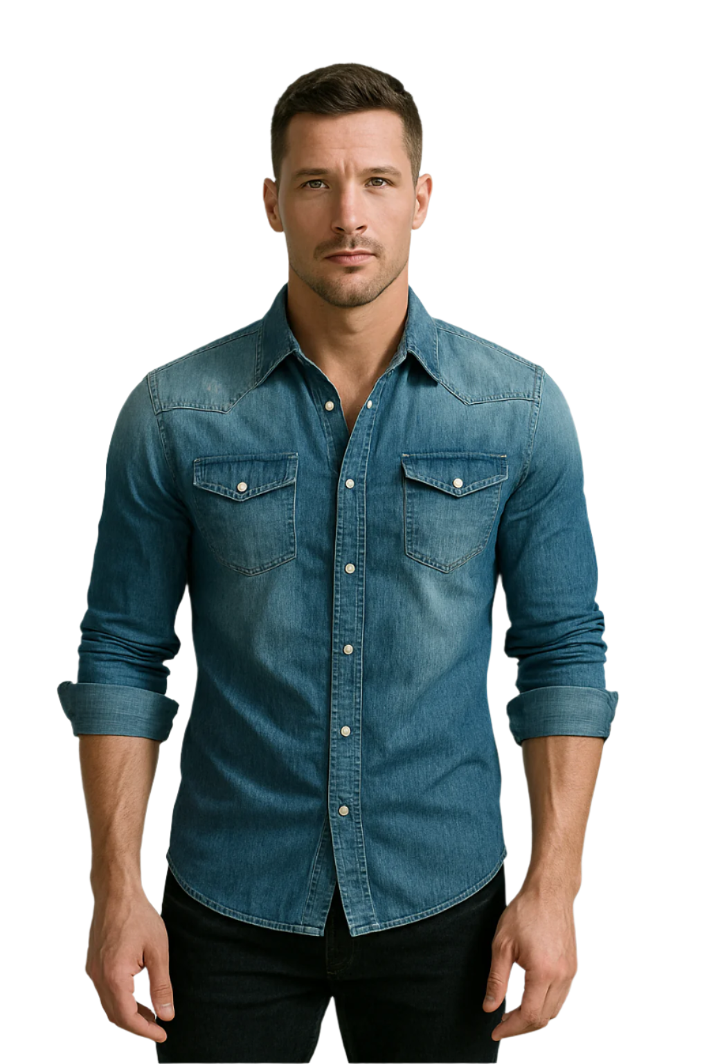 Herre Denim Skjorte Retro Stil med Knapplommer 0