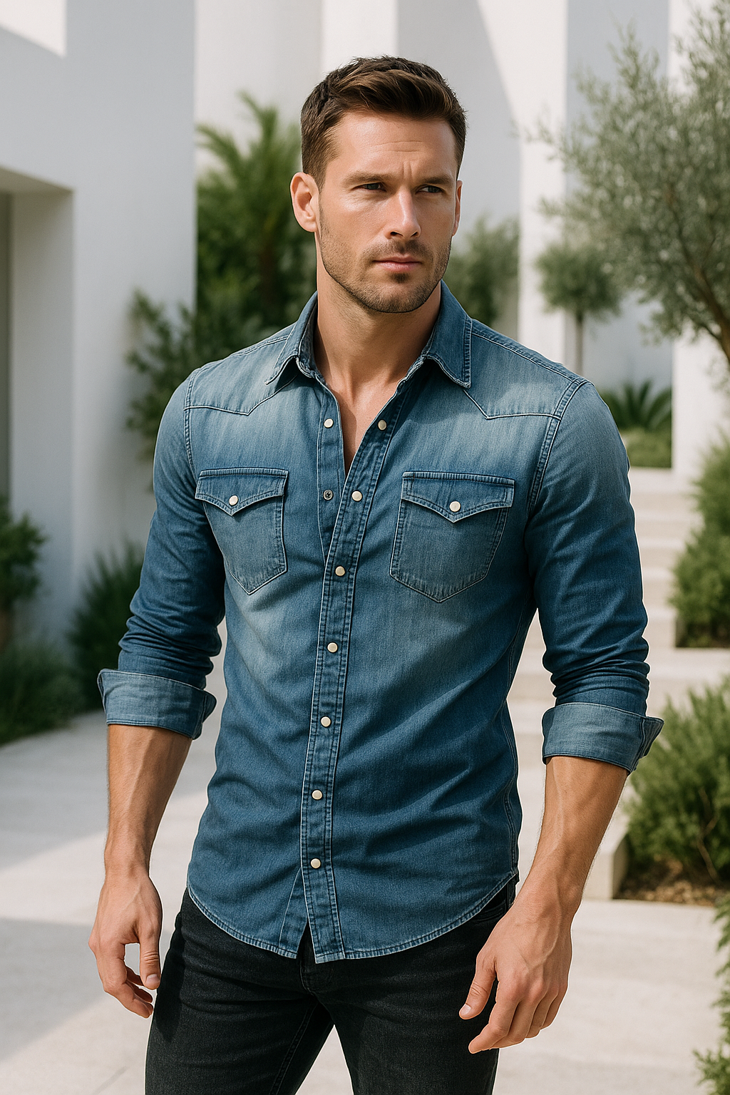 Herre Denim Skjorte Retro Stil med Knapplommer 2