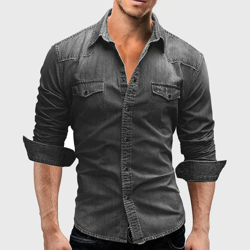 Herre Denim Skjorte Retro Stil med Knapplommer 3