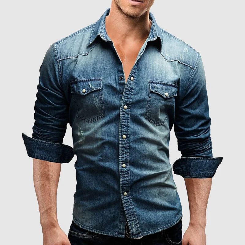 Herre Denim Skjorte Retro Stil med Knapplommer 4