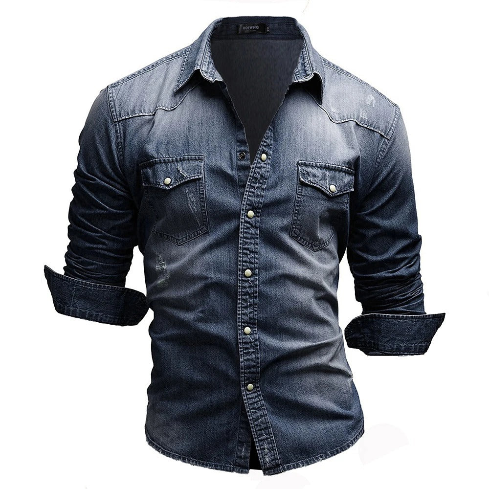 Herre Denim Skjorte Retro Stil med Knapplommer 5