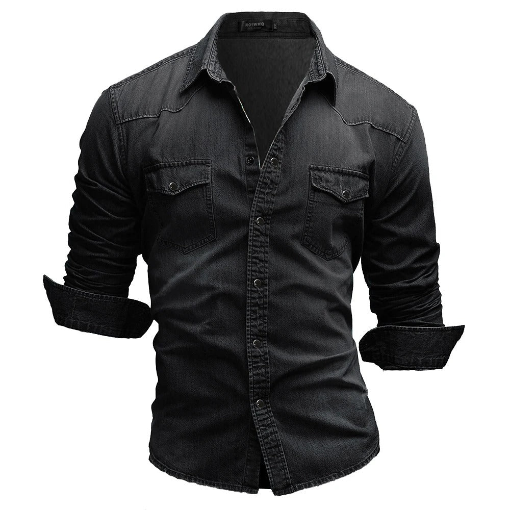 Herre Denim Skjorte Retro Stil med Knapplommer 6