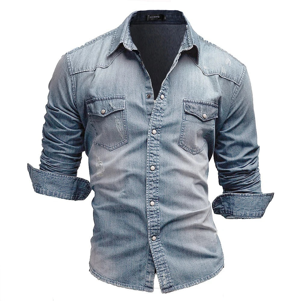 Herre Denim Skjorte Retro Stil med Knapplommer 7
