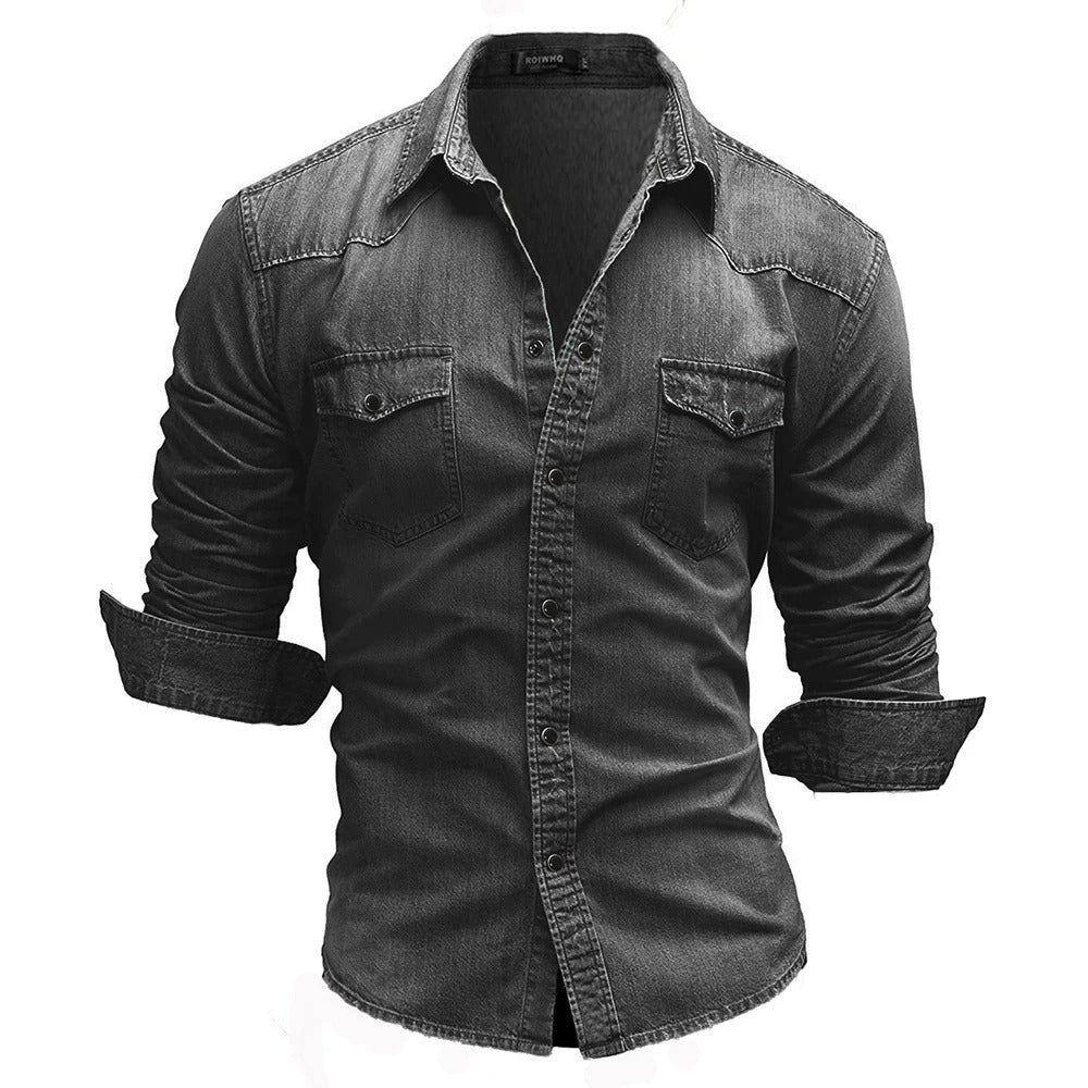 Herre Denim Skjorte Retro Stil med Knapplommer 8