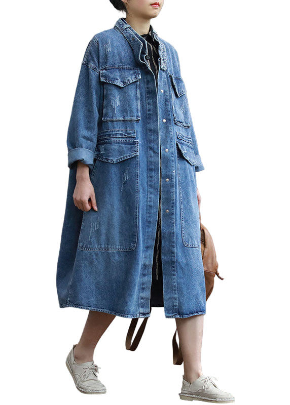 Herre Denim Trenchcoat med Knapp og Lommer 0