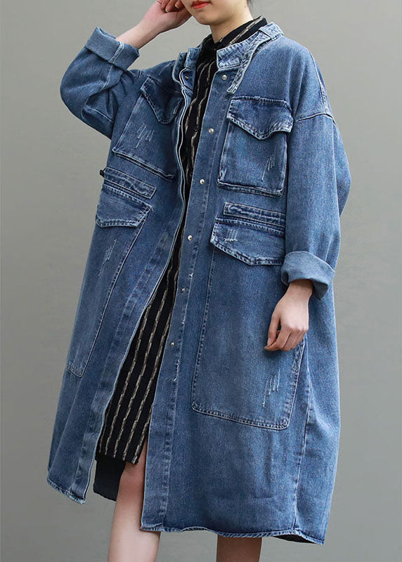 Herre Denim Trenchcoat med Knapp og Lommer 2