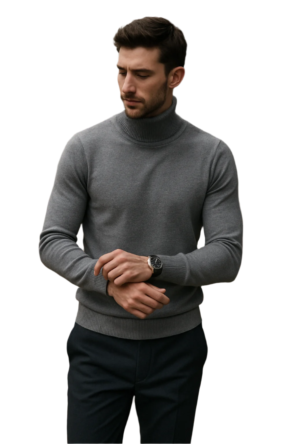 Herre Genser Med Høy Krage Og Ribbestrikkede Mansjetter 0