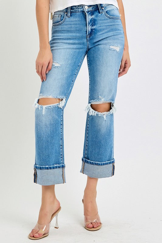 Herre Mid Rise Straight Cuffed Jeans Denim 1