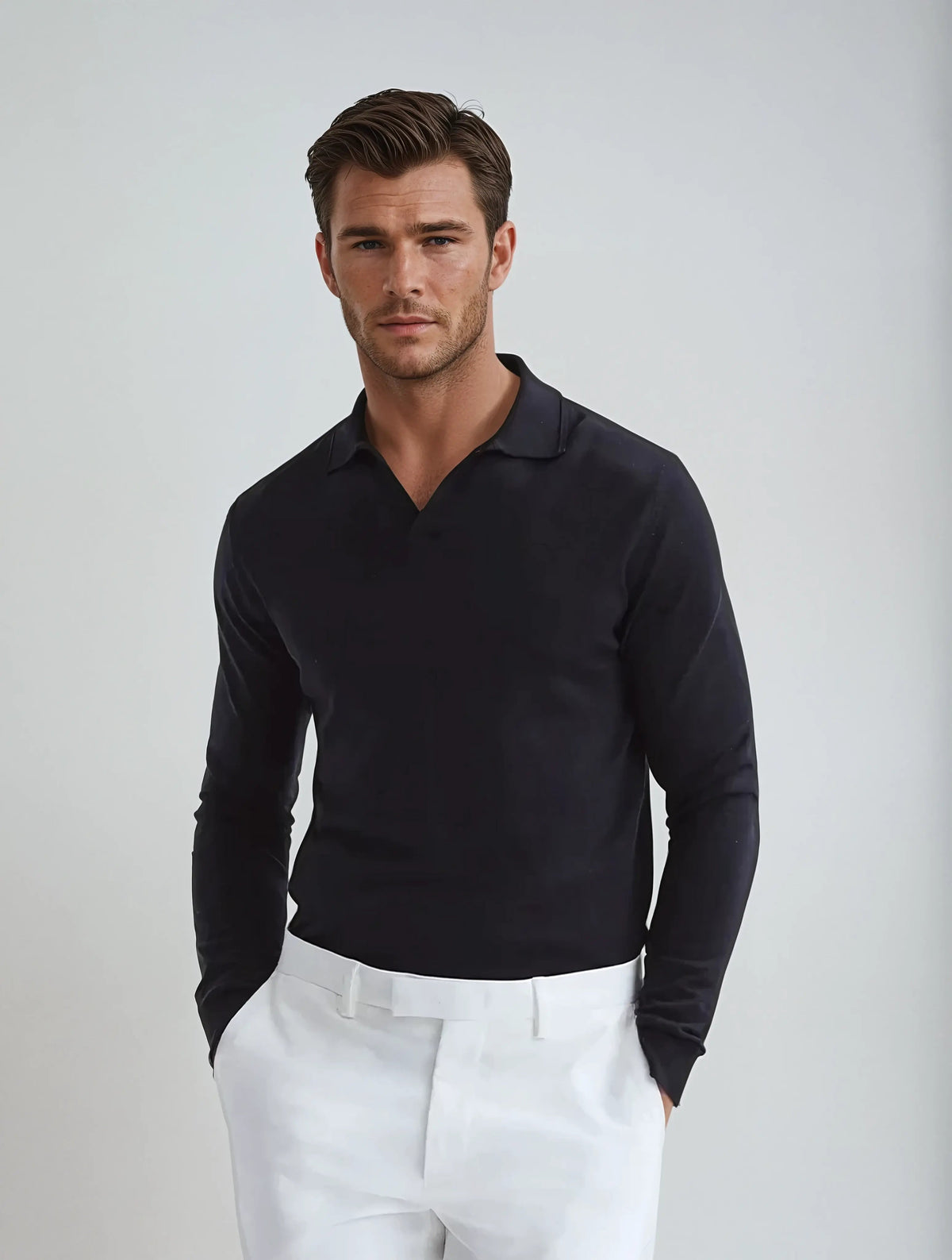 Herre Poloshirt Langermet Minimalistisk Uten Knapper 4