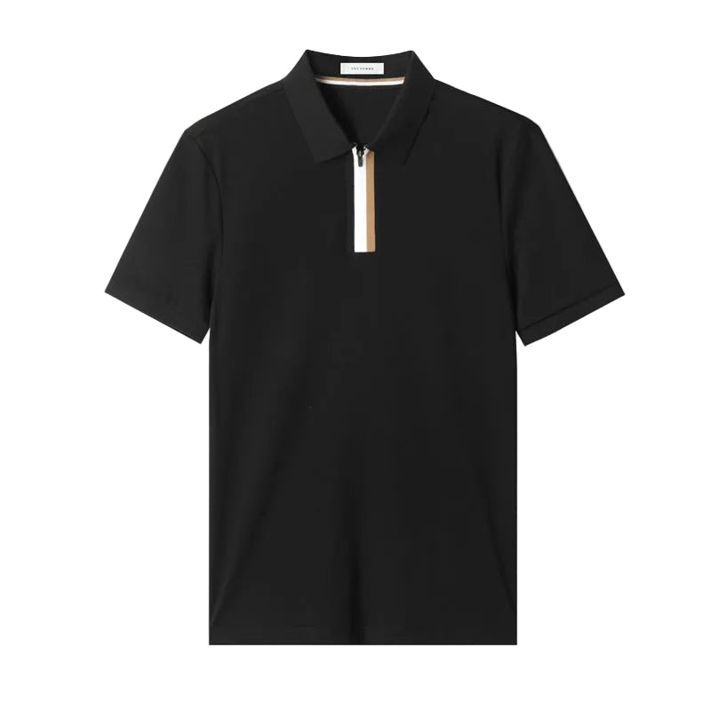 Herre Poloskjorte med Polokrage og Glidelås, Tofargede Striper, Moderne Passform 1