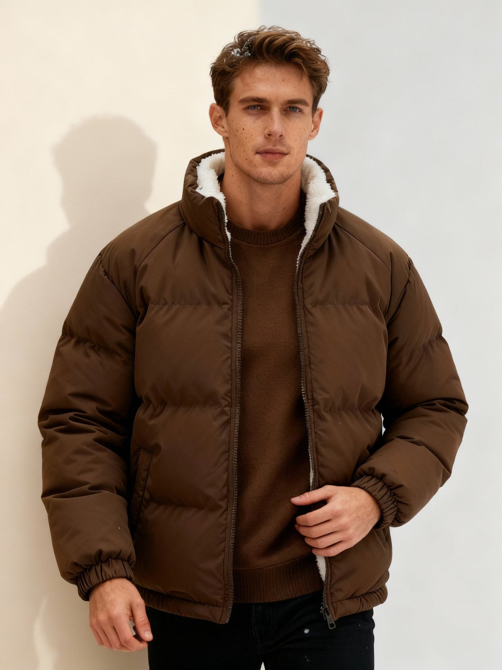 Herre Pufferjakke med Fleecefôr Moderne Streetwear 2