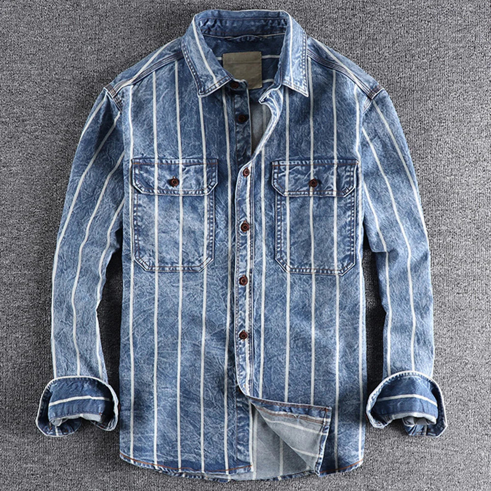 Herre Skjorte Denim med Striper Vintage Stil 1