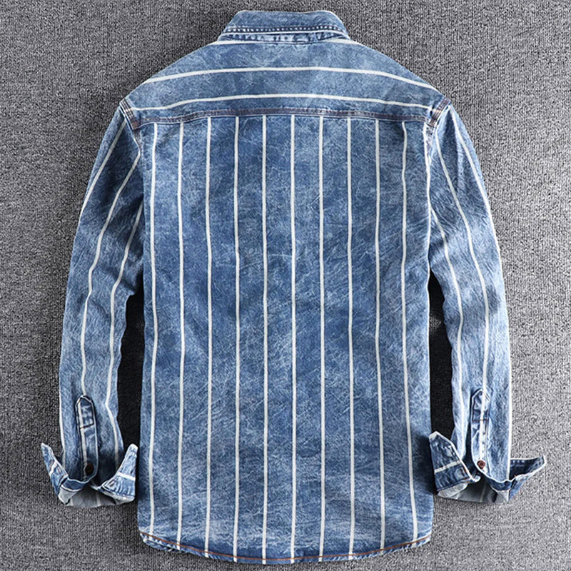 Herre Skjorte Denim med Striper Vintage Stil 2
