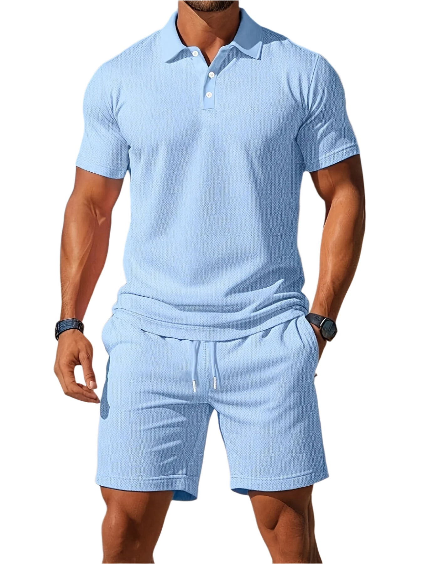 Herre Sommer Set Polo og Shorts Ton-sur-Ton Struktur Pustende Materiale 0