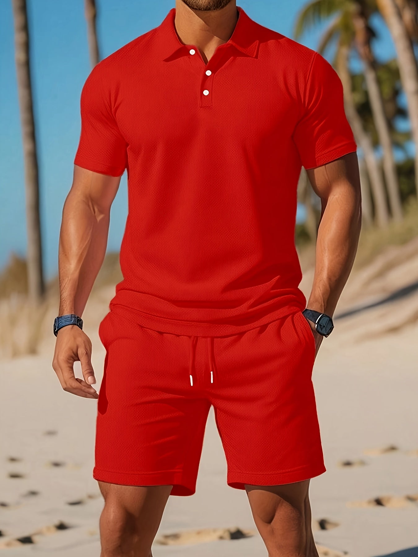 Herre Sommer Set Polo og Shorts Ton-sur-Ton Struktur Pustende Materiale 4