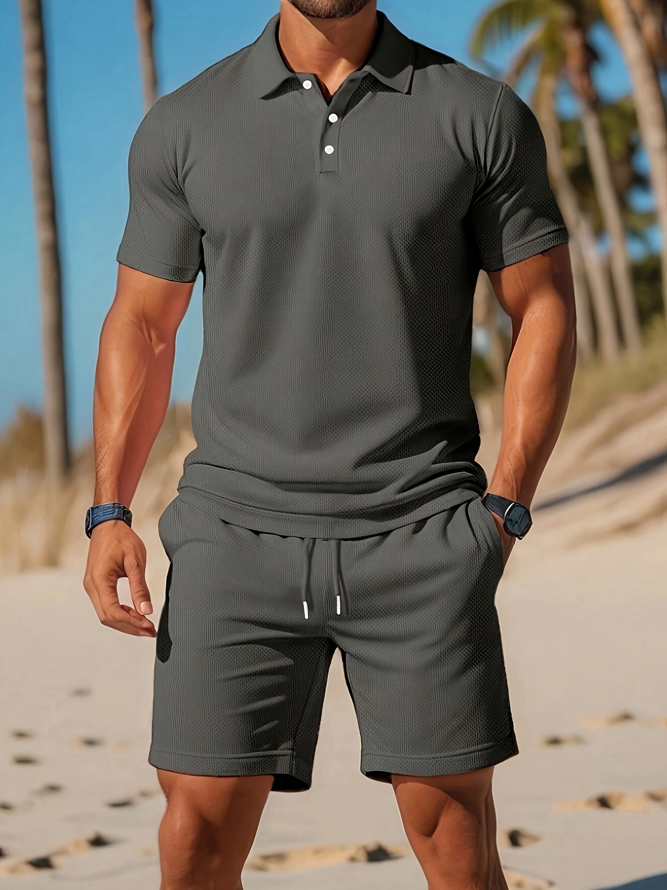 Herre Sommer Set Polo og Shorts Ton-sur-Ton Struktur Pustende Materiale 5