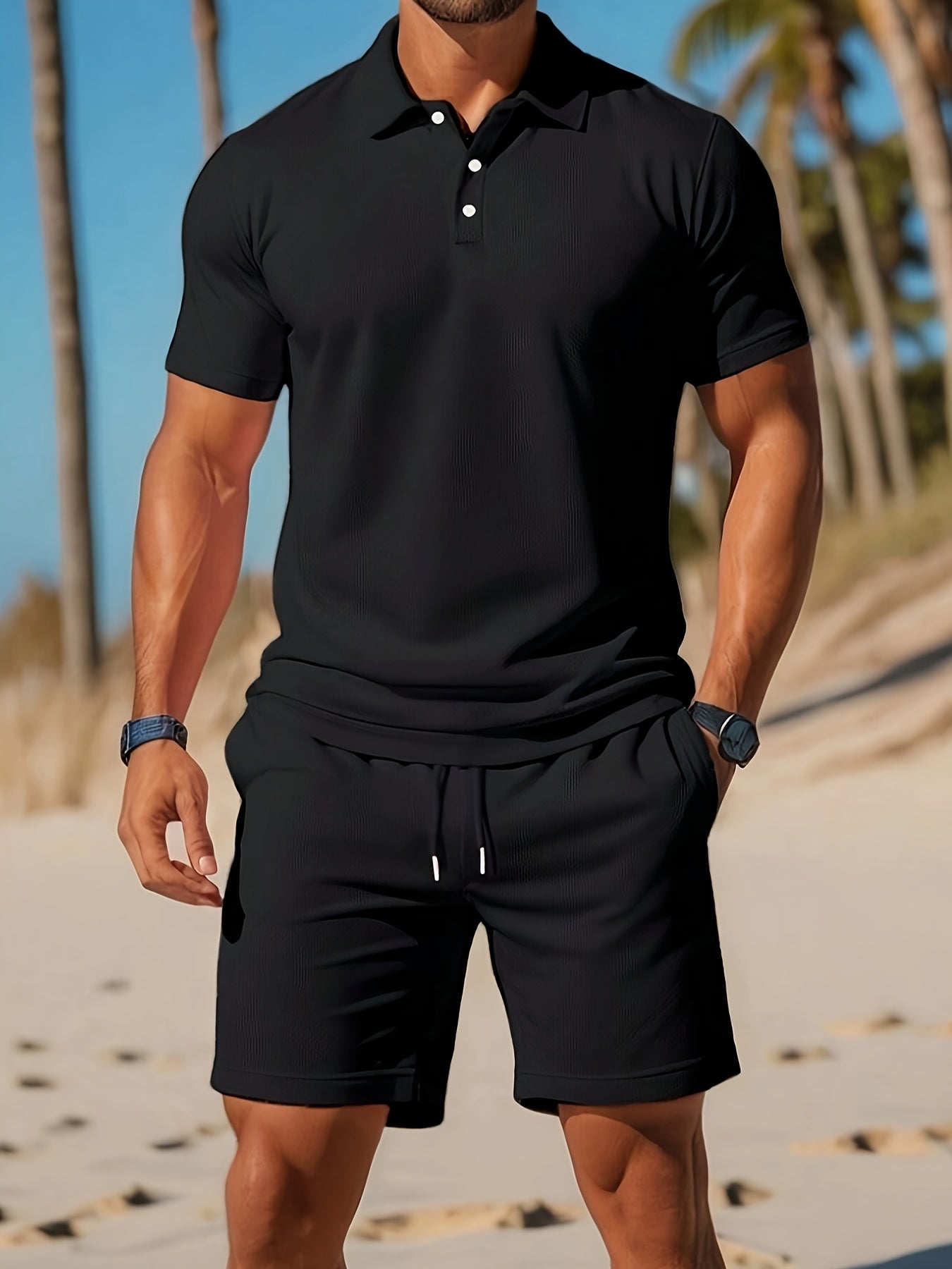 Herre Sommer Set Polo og Shorts Ton-sur-Ton Struktur Pustende Materiale 6