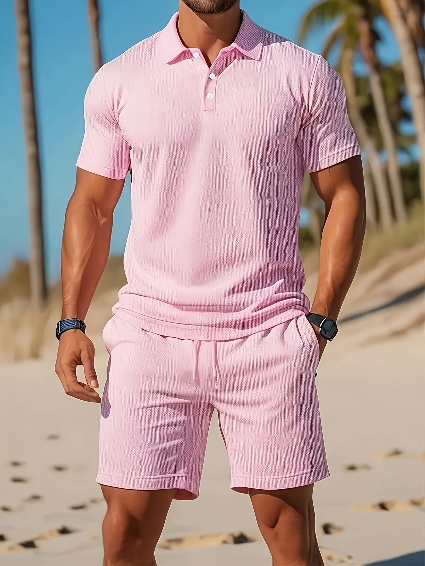 Herre Sommer Set Polo og Shorts Ton-sur-Ton Struktur Pustende Materiale 9