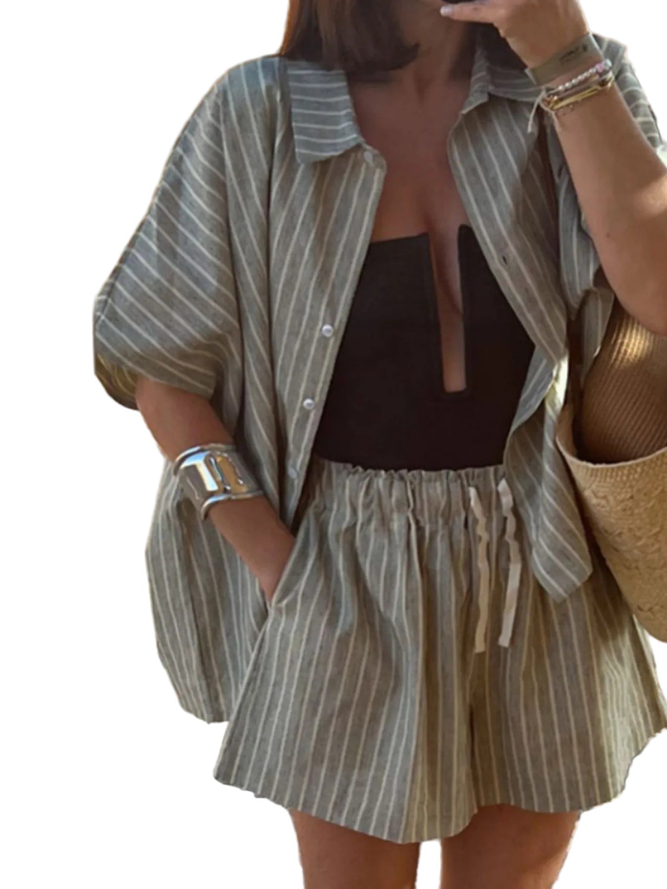 Herre Striped Lin Skjorte og Shorts To-delt Sommer Sett 0
