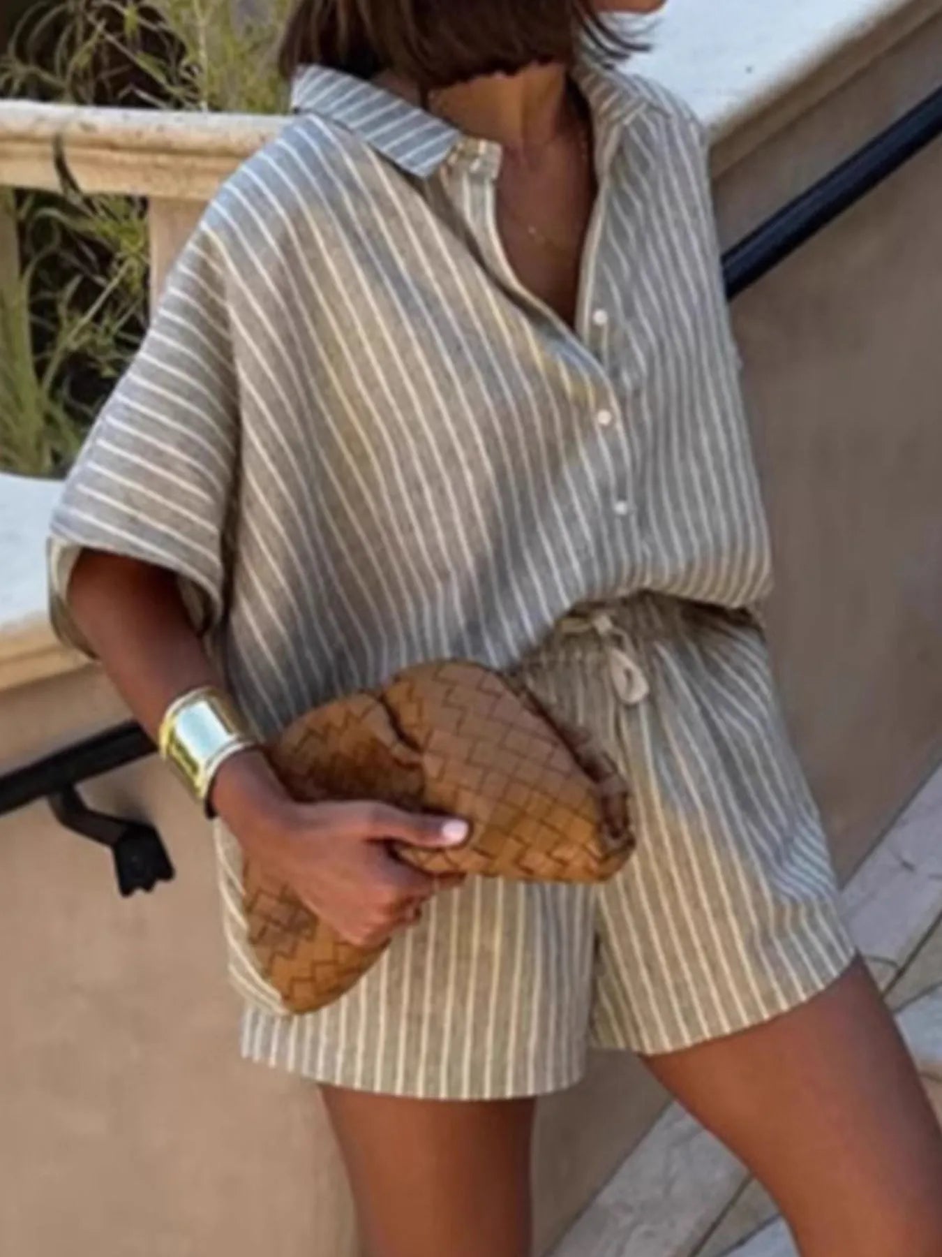 Herre Striped Lin Skjorte og Shorts To-delt Sommer Sett 1