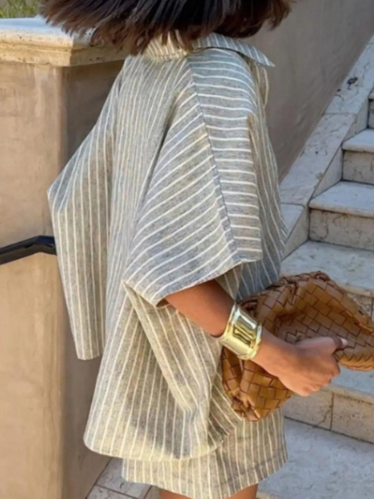 Herre Striped Lin Skjorte og Shorts To-delt Sommer Sett 3