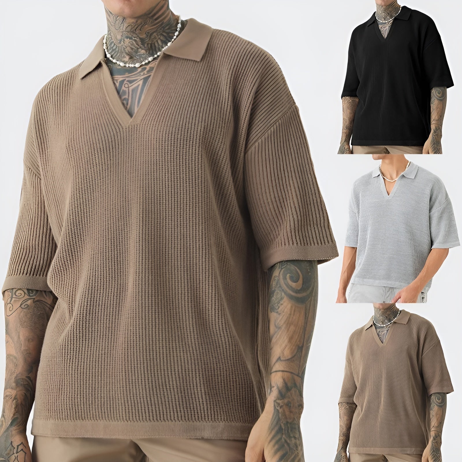 Herre T-Skjorte V-Hals Oversized Boxy Stil 3