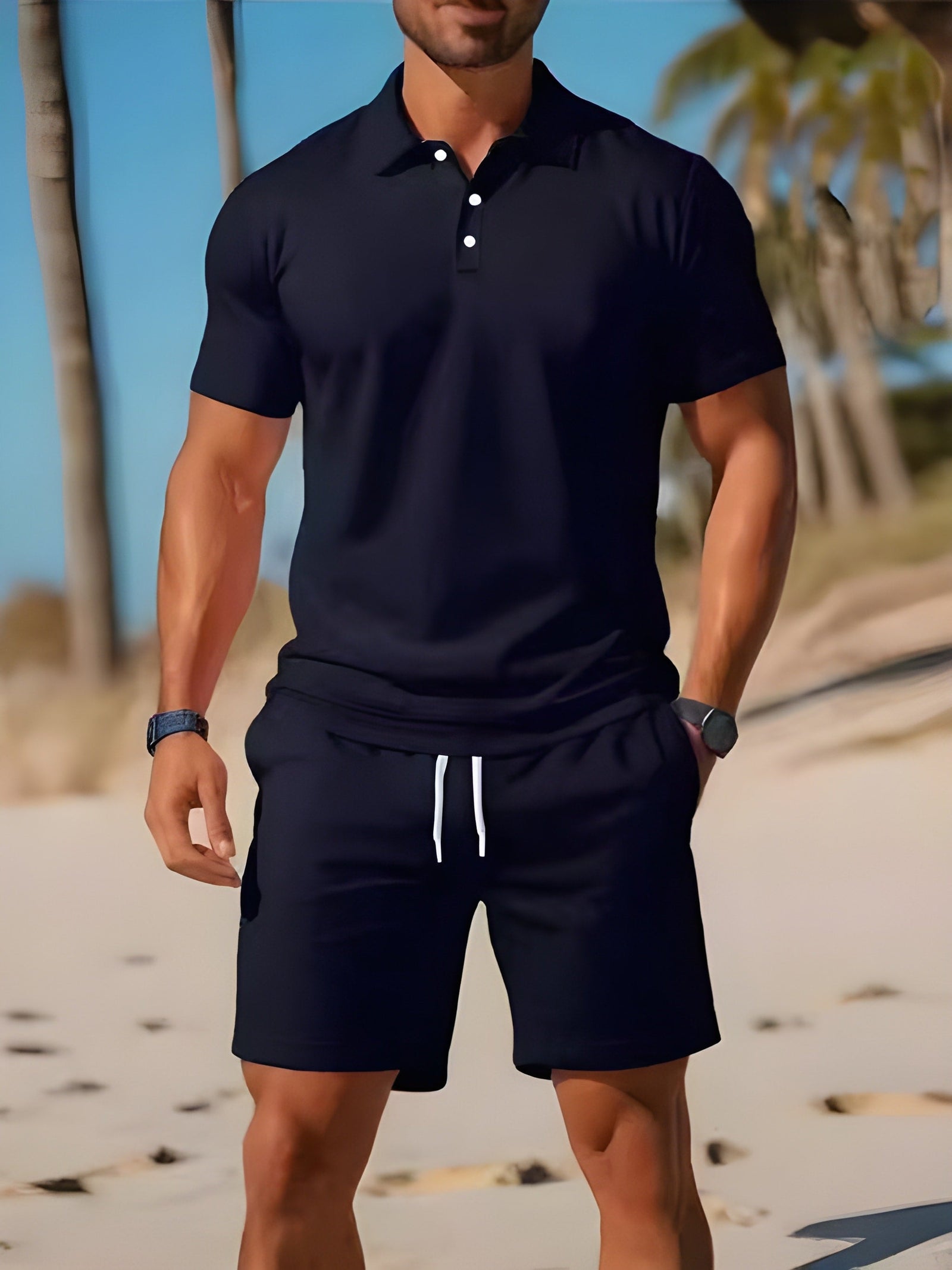 Herre Todelt Sett Kortermet Poloskjorte og Shorts 3