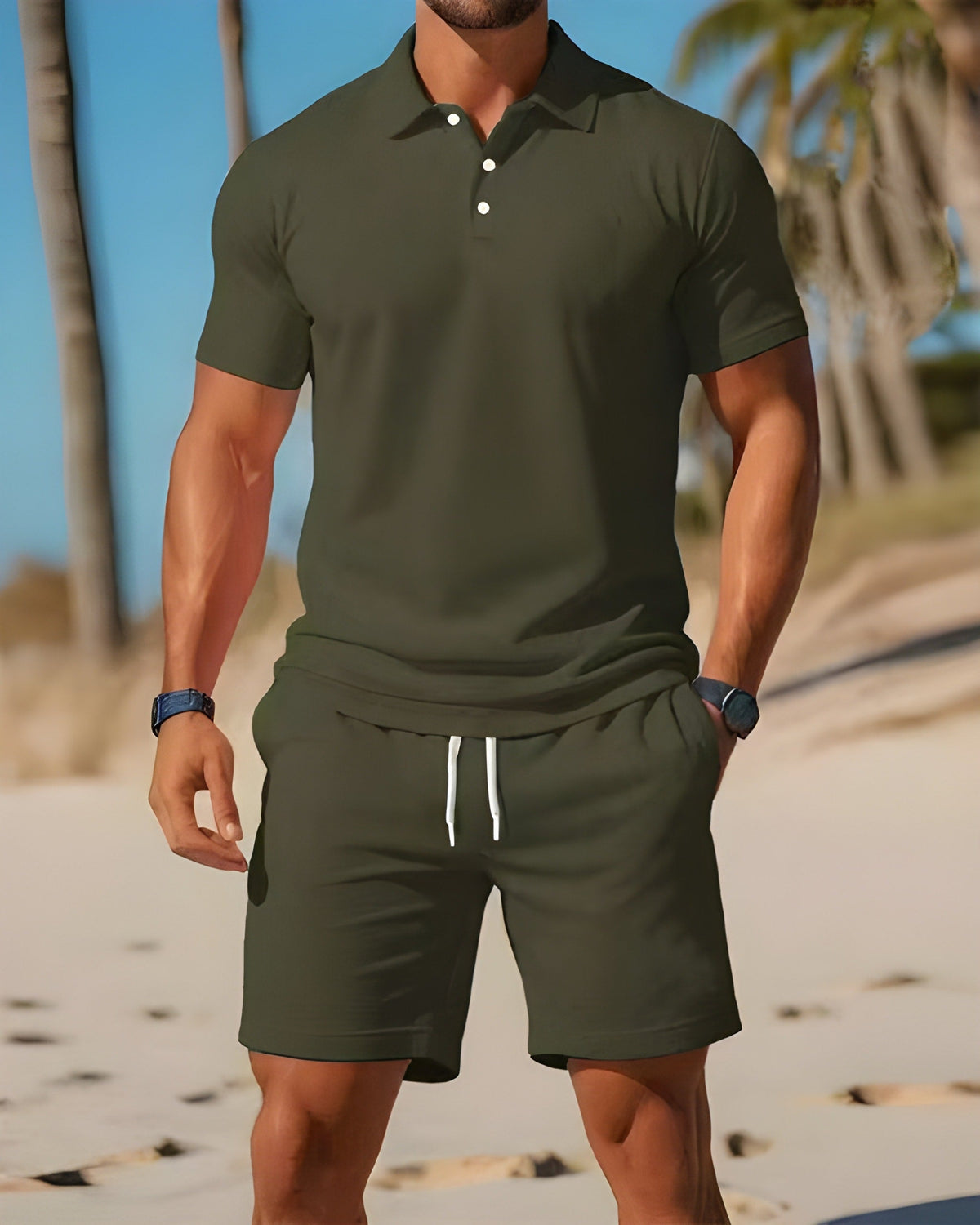 Herre Todelt Sett Kortermet Poloskjorte og Shorts 4