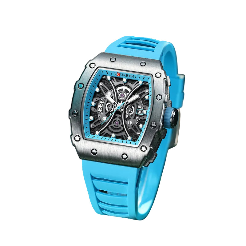 Herreklokke Tonneau Formet med Silikonrem Flerlags Ursilver 0