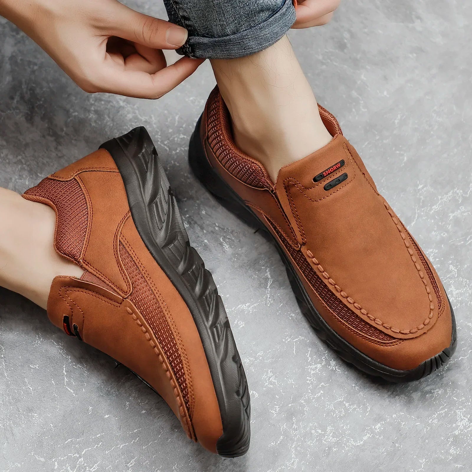 Herresko Loafers Retro Håndlaget Lær og Tekstil Fritidssko 2