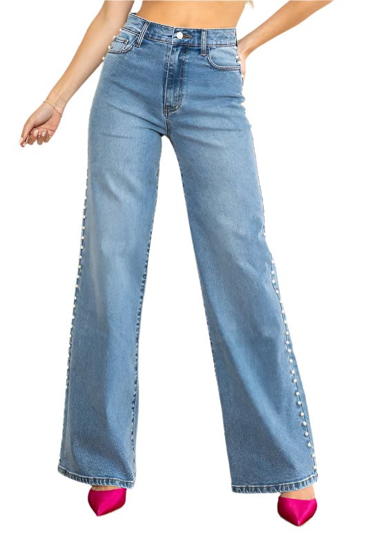 Høy Midje Bred Jeans med Perleknapper for Damer 0