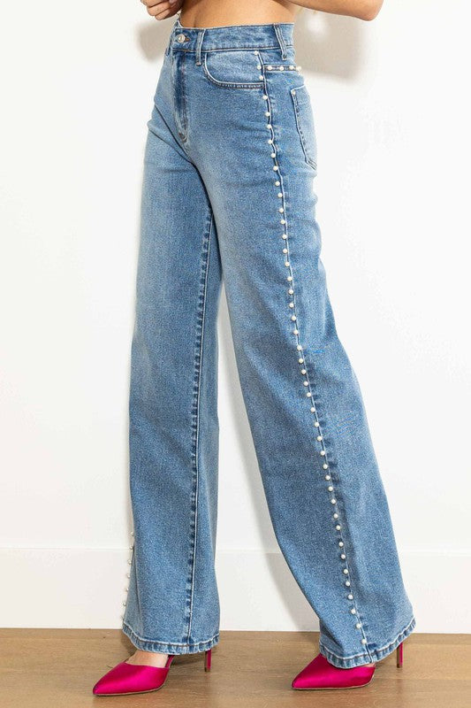 Høy Midje Bred Jeans med Perleknapper for Damer 1