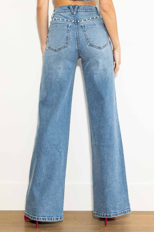 Høy Midje Bred Jeans med Perleknapper for Damer 2