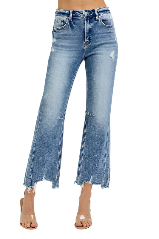 Høy Midje Crop Straight Damejeans med Slitt Kant i 100% Bomull 0