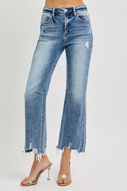 Høy Midje Crop Straight Damejeans med Slitt Kant i 100% Bomull 1
