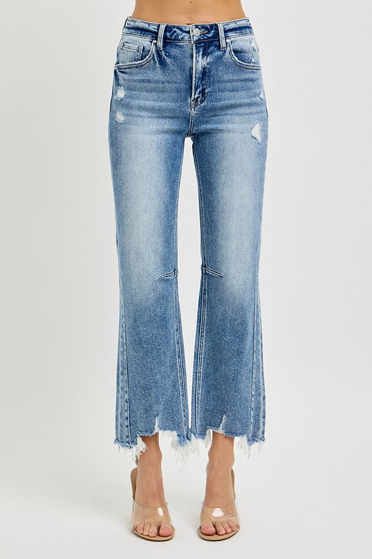 Høy Midje Crop Straight Damejeans med Slitt Kant i 100% Bomull 2