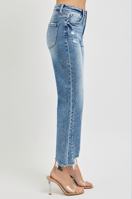 Høy Midje Crop Straight Damejeans med Slitt Kant i 100% Bomull 3