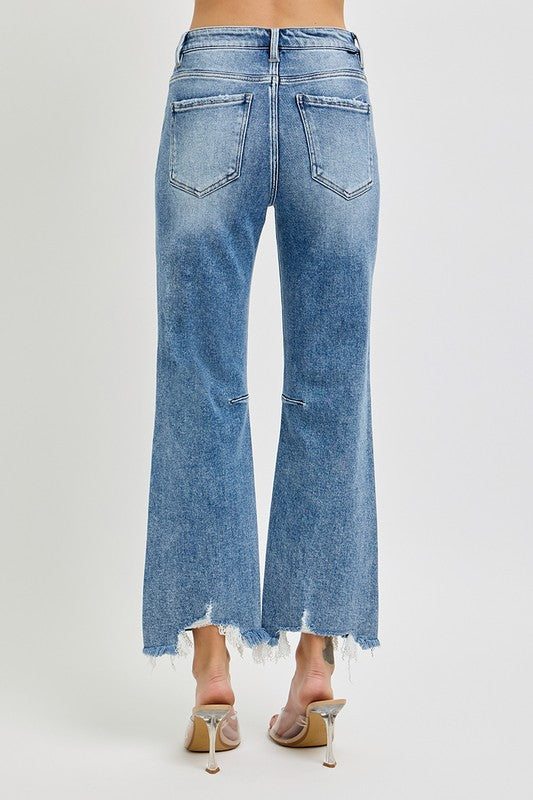 Høy Midje Crop Straight Damejeans med Slitt Kant i 100% Bomull 4