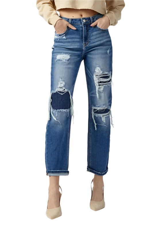 Høy Midje Rett Jeans Mørk 0